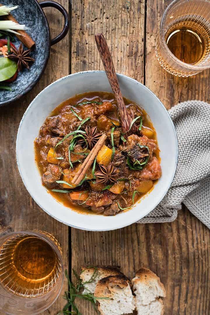 Overhead view of a bowl of pressure-cooked Vietnamese beef stew