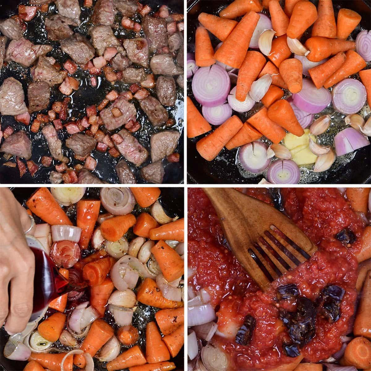 Four-panel image showing steps of cooking: browning beef and bacon, sautéing carrots, onions, and garlic, adding red wine, and stirring in chopped tomatoes and dates in a pan with a wooden spatula.