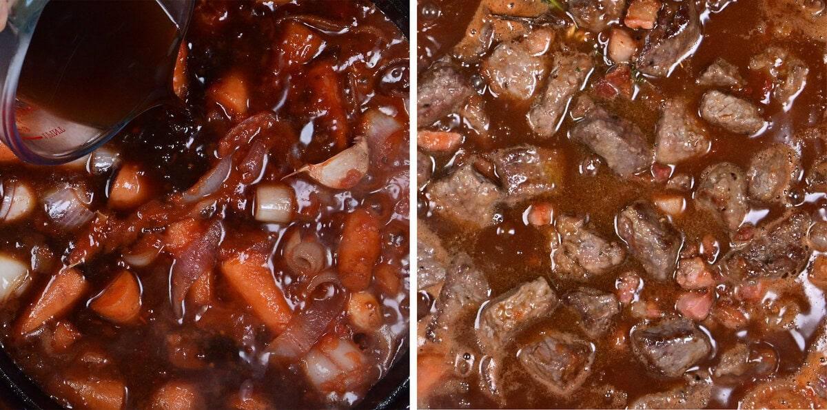 Side-by-side images of a rich brown stew: the left shows chopped vegetables and onions in broth, while the right shows chunks of cooked beef simmering in a thick sauce.