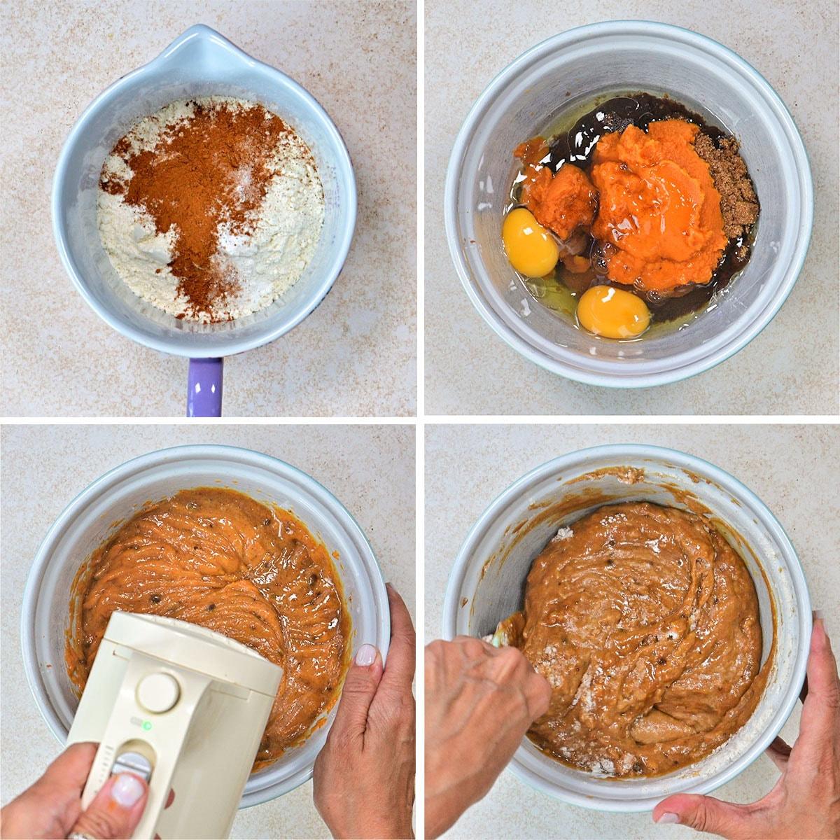 A collage of four images shows the process of making pumpkin chocolate chip muffin batter: dry ingredients in a bowl, wet ingredients in another bowl, mixing the ingredients with a hand mixer, and stirring the blended batter with a spatula.
