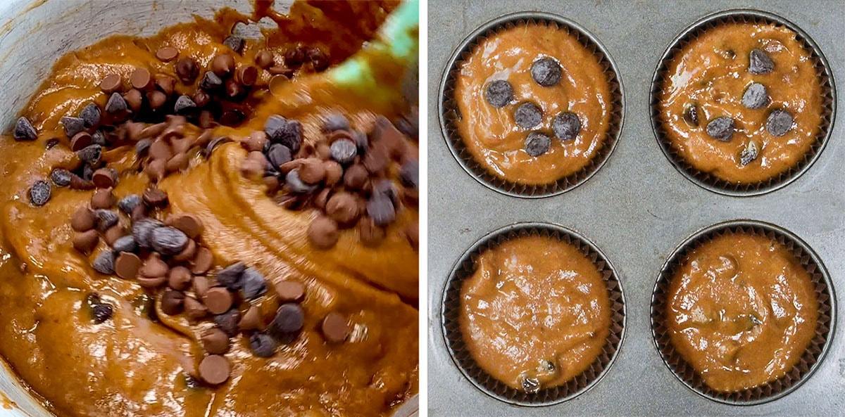 A split image shows pumpkin chocolate muffin batter with chocolate chips being mixed on the left, and four muffin liners filled with chocolate chip batter in a muffin tray on the right.