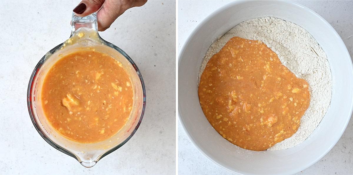 making dough for pumpkin dinner rolls (collage)