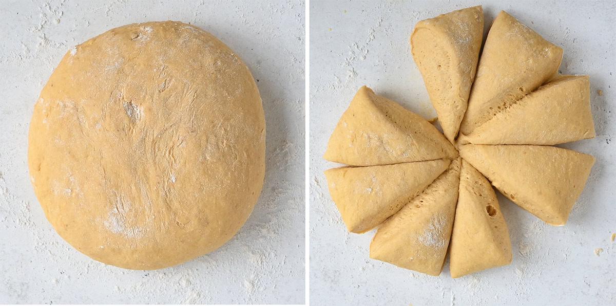 pumpkin bread dough in a ball and cut into eight sections