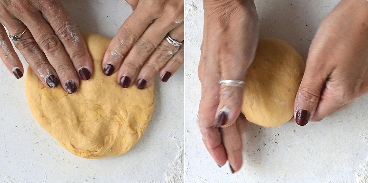 Shaping pumpkin dinner roll