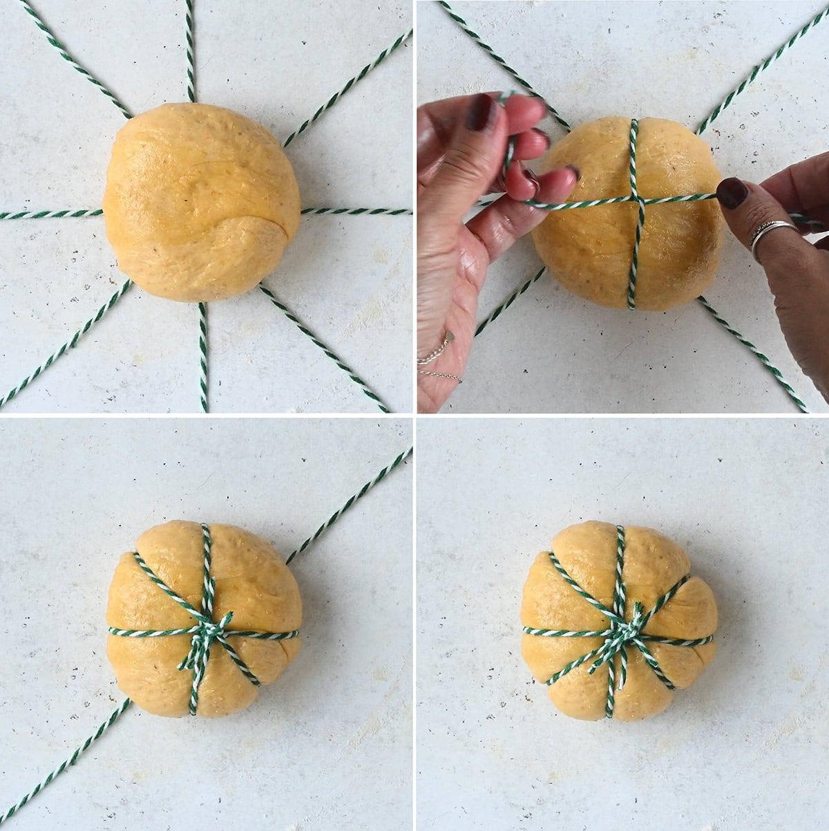Photos showing how to tie string to create pumpkin shaped dinner rolls