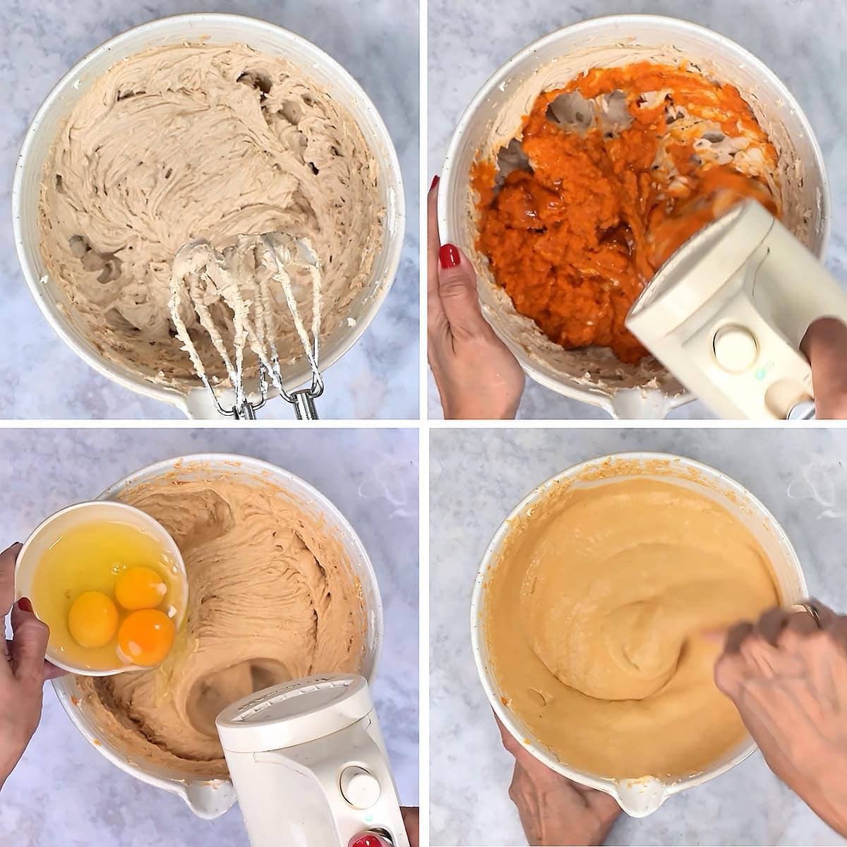 Making the pumpkin cheesecake filling with a hand mixer: beating the mascarpone and sugar, adding pumpkin purée, adding the eggs, and the finished smooth batter.