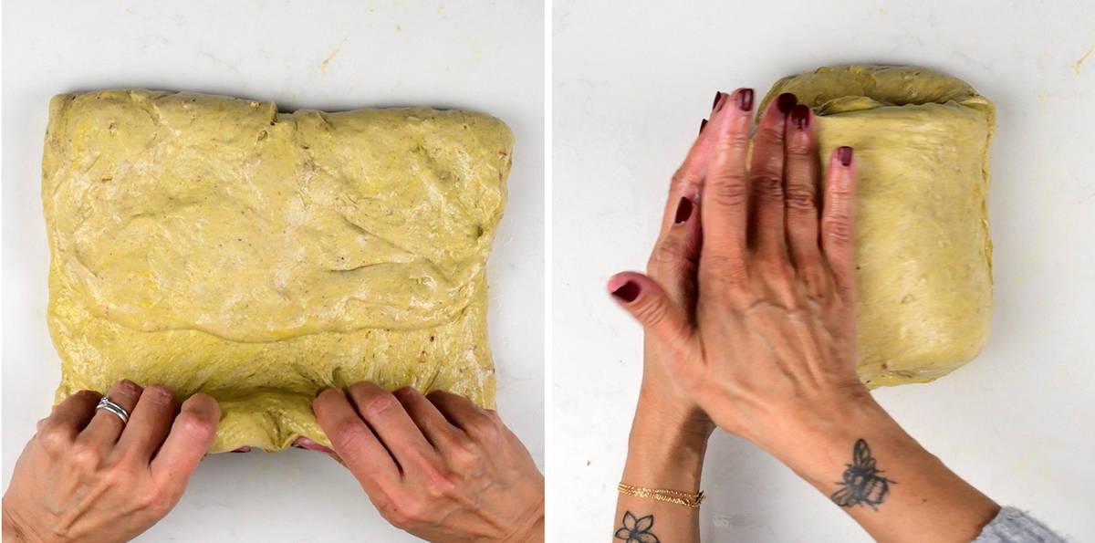 Two shaping steps: the dough folded into a rectangle like a letter, then rolled into a tight ball.