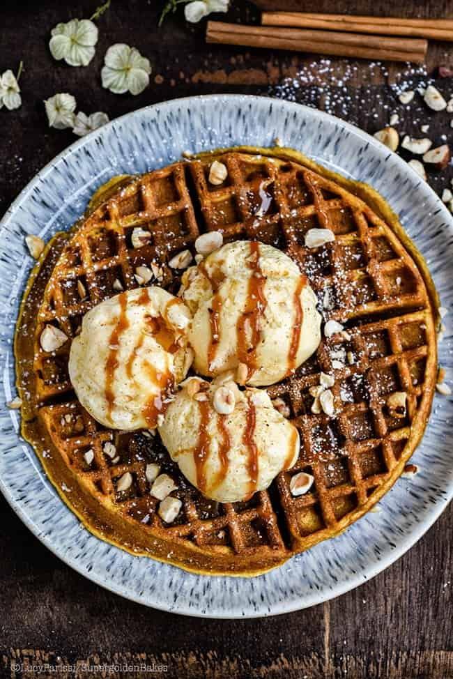 Pumpkin Spice Waffles with Caramel Sauce