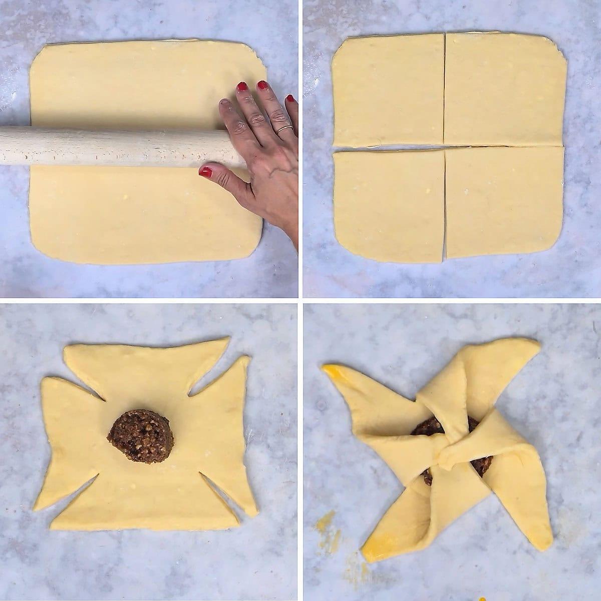 Collage showing Danish pastry dough cut into squares, filled with pecan filling and folded into pinwheels