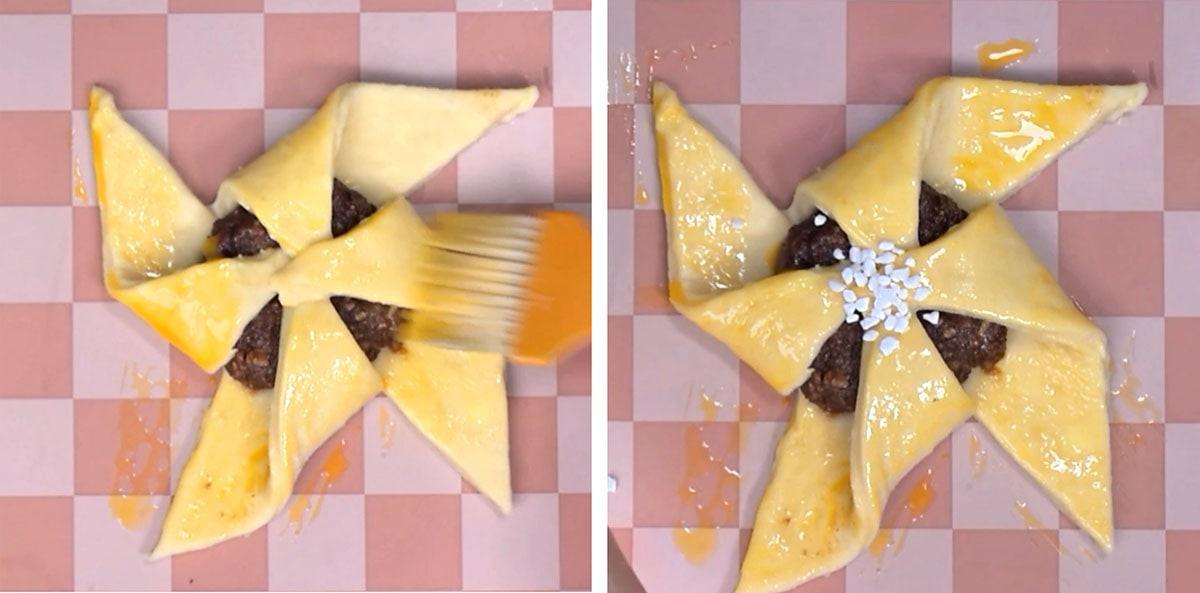 Brushing pinwheel Danish pastries with egg wash, then sprinkling with pearl sugar