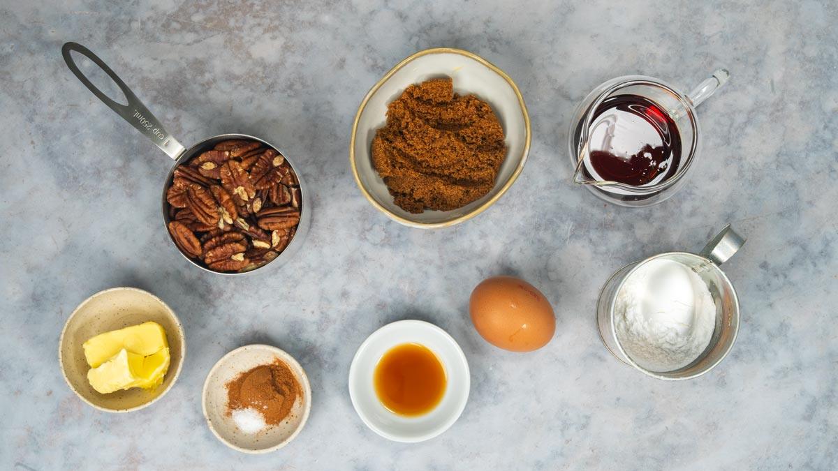 Ingredients for maple pecan filling: pecans, brown sugar, maple syrup, butter, cinnamon and vanilla