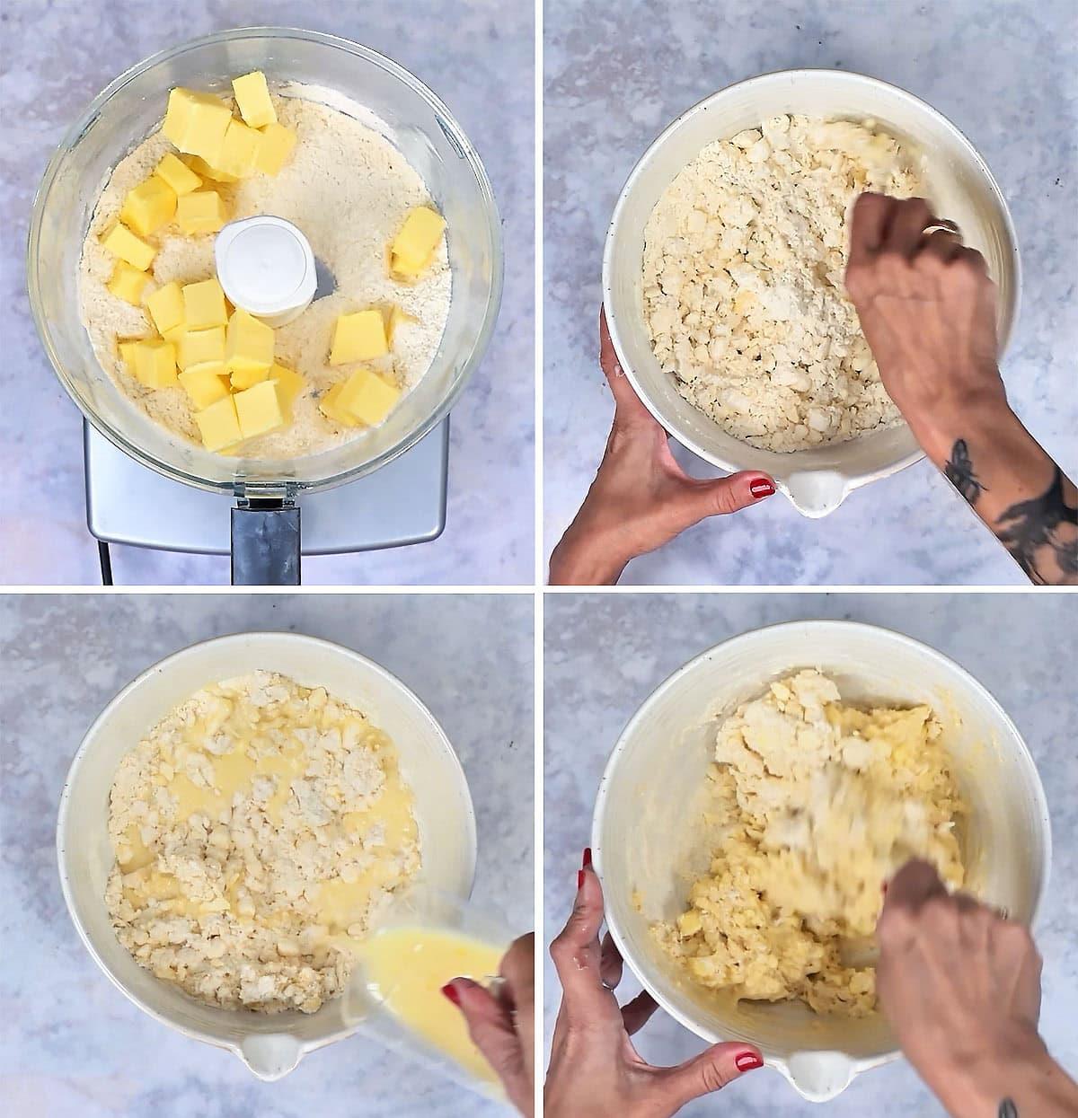 Collage showing butter pulsed into flour in a food processor, then mixed with the milk and yeast in a bowl