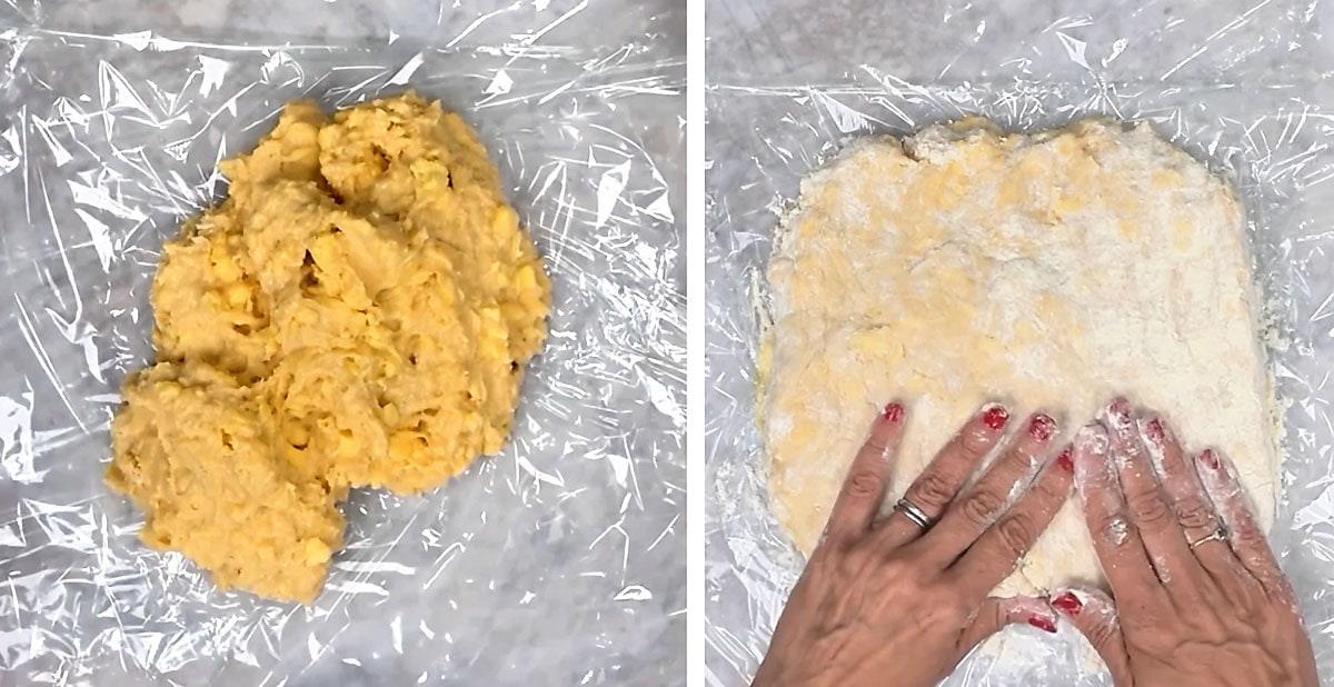 Danish pastry dough pressed into a square on plastic wrap