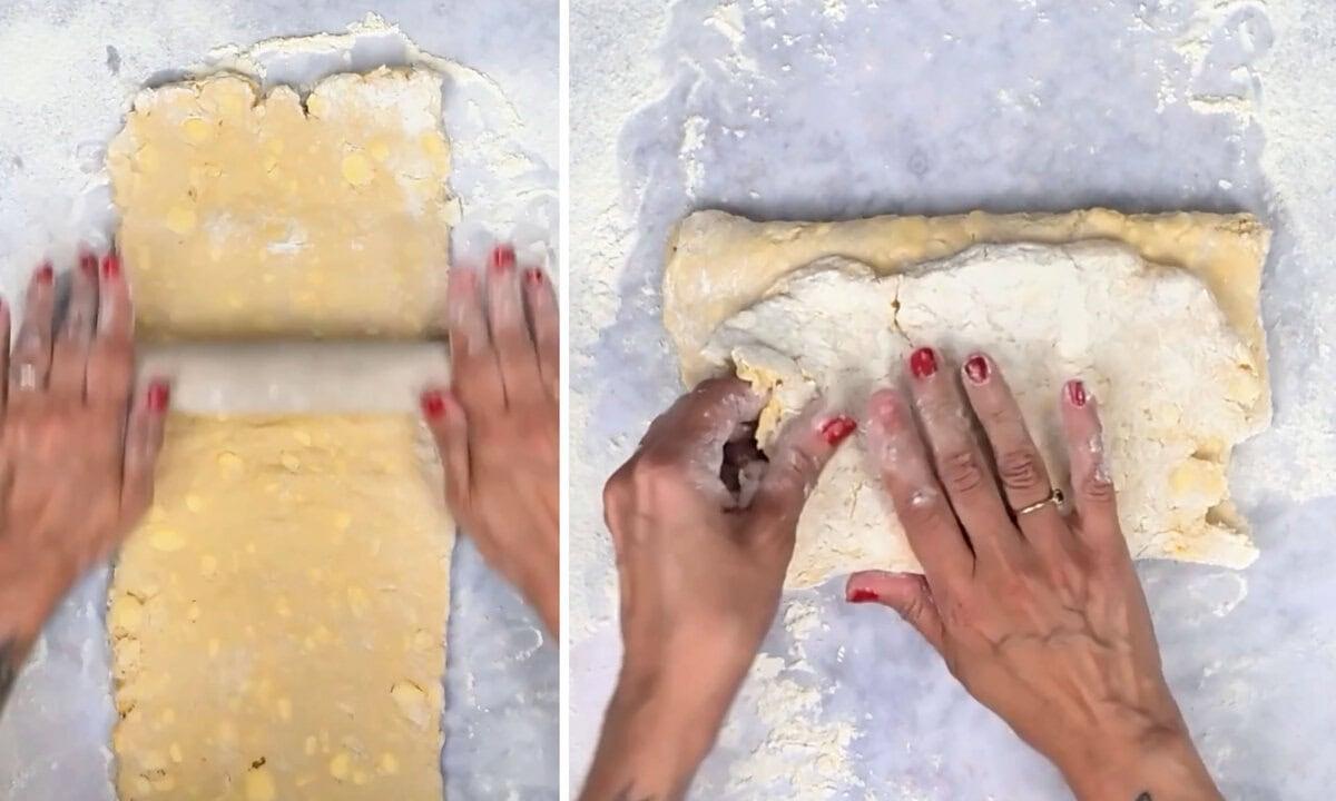 Rolling out Danish pastry dough and folding it into thirds