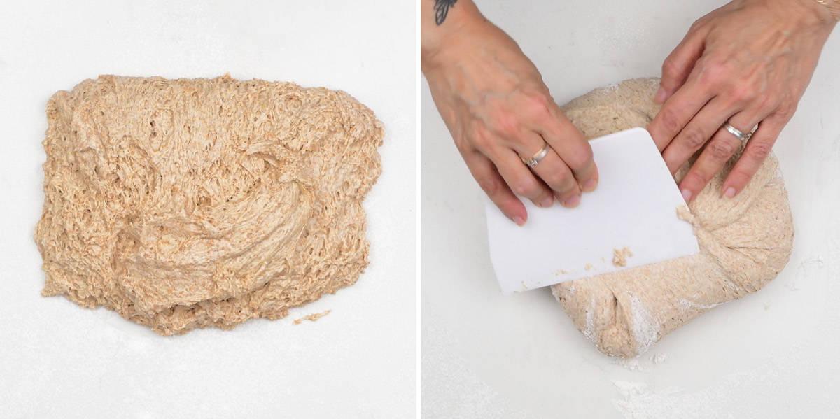 Two hands shape the sourdough bread