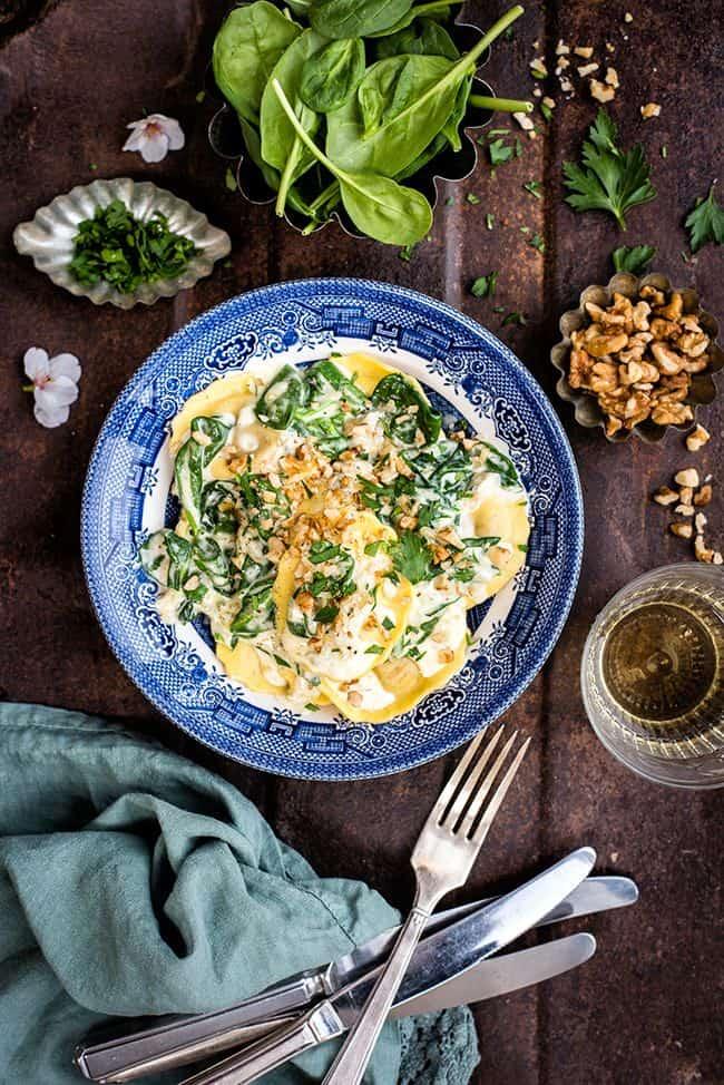 Gorgonzola and Walnut Ravioli in Creamy Cheese and Spinach Sauce