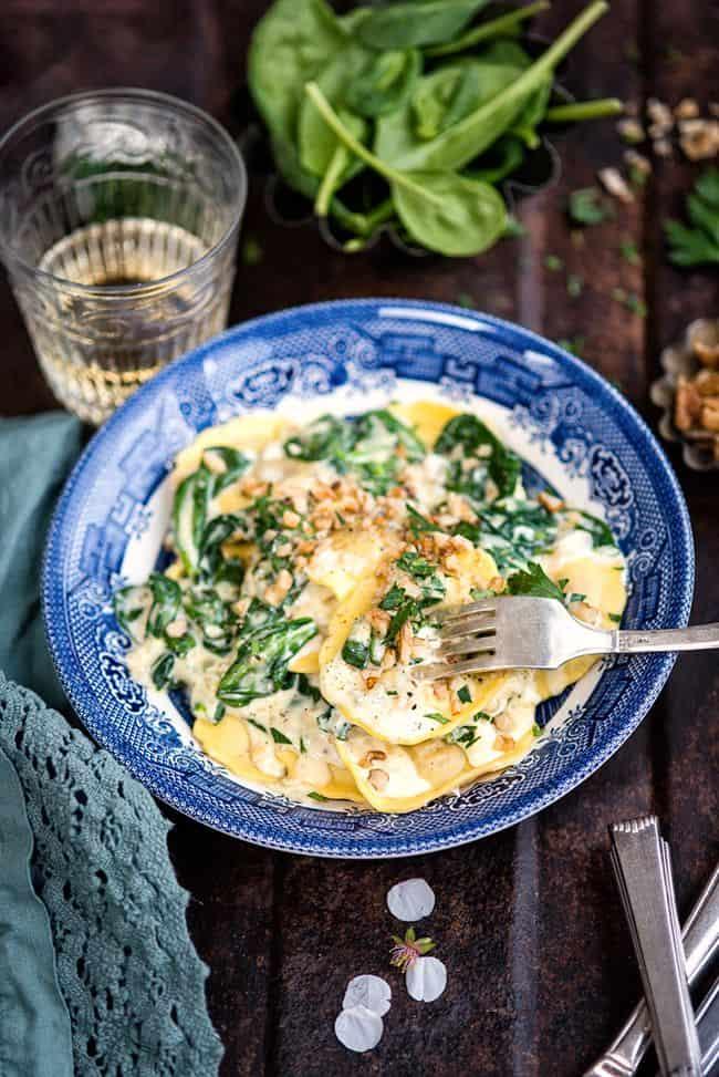 Gorgonzola and Walnut Ravioli in Creamy Cheese and Spinach Sauce