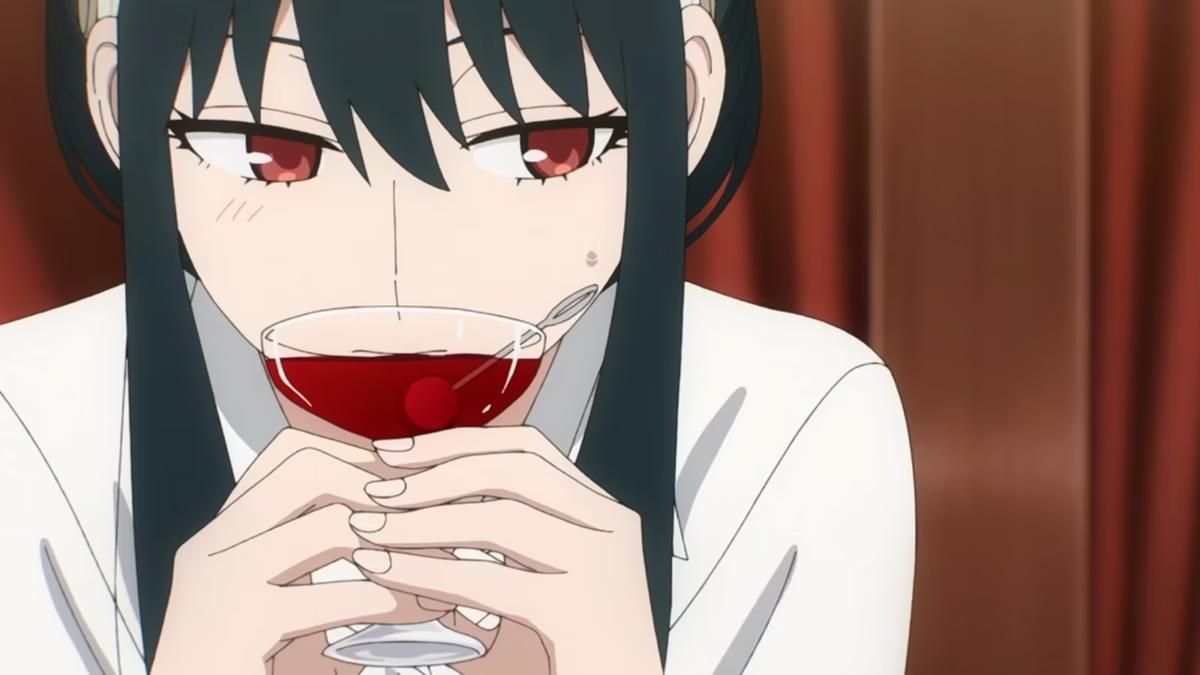 An anime woman with long black hair and red eyes holds a glass of Red Queen cocktail near her face, looking down thoughtfully. She wears a white shirt, and brown curtains form the background.