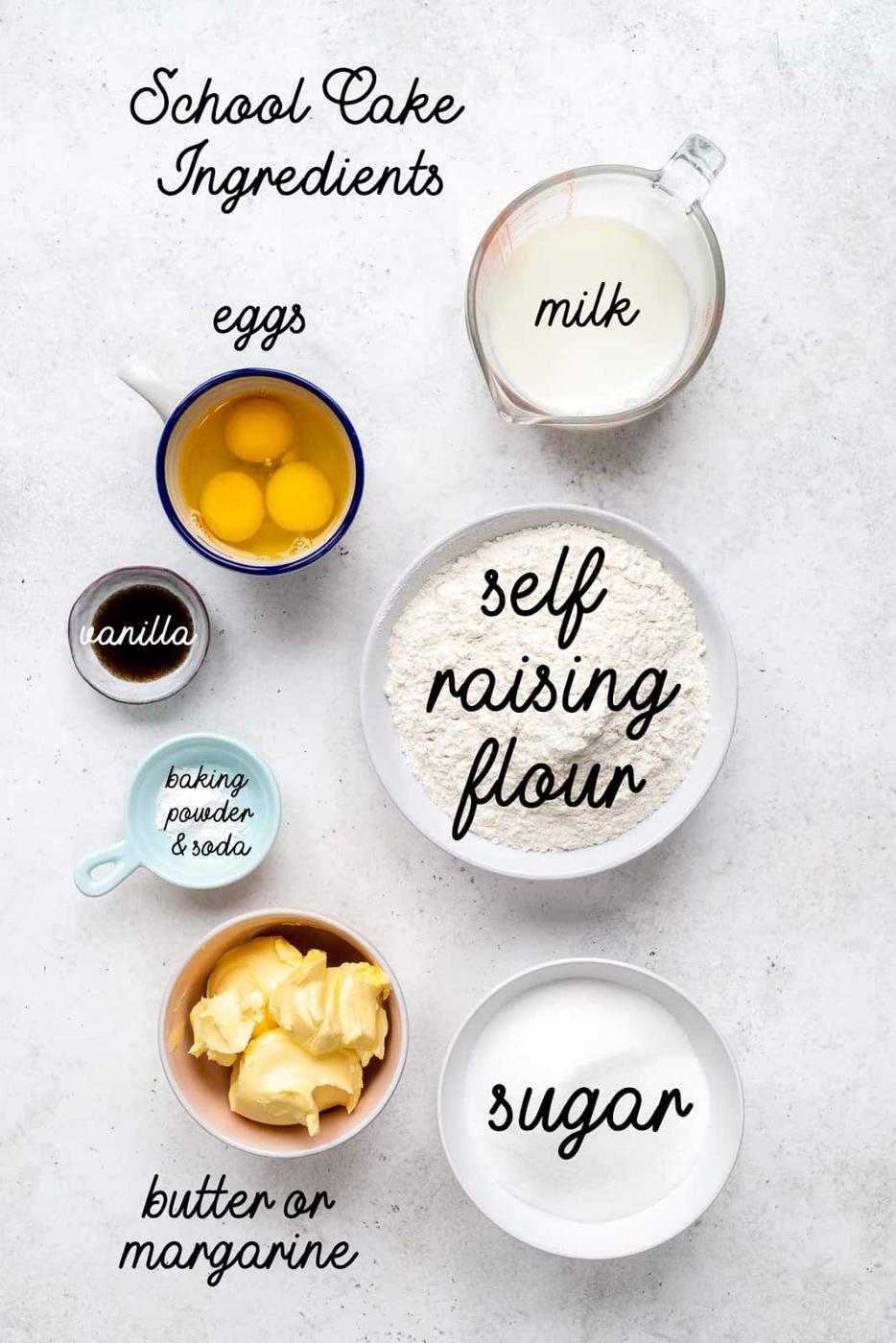 An image of a school cake labeled ingredients: eggs, self-raising flour, milk, butter or margarine, sugar, vanilla, and baking powder & soda. All items are neatly arranged on a white surface.