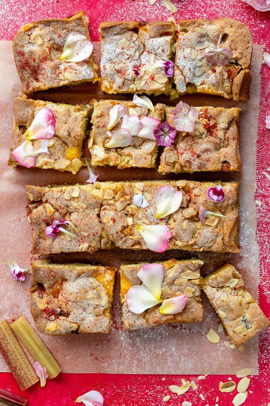 rhubarb custard cake traybake, sliced overhead shot