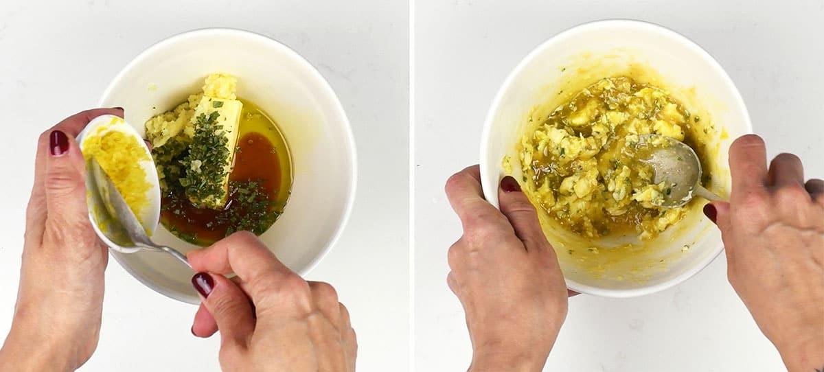 Preparing garlic herb butter for turkey crown