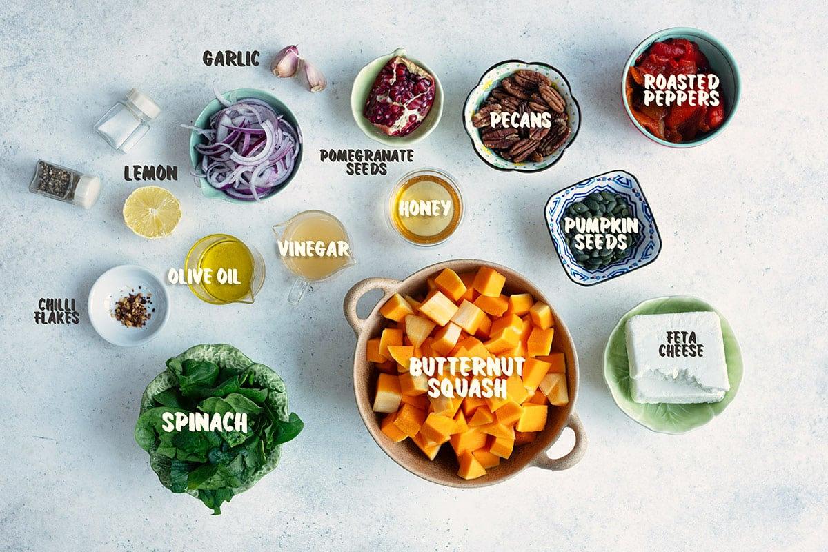 Ingredients for butternut squash salad laid out on a white background