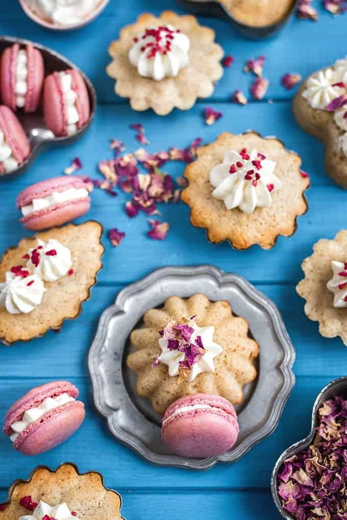 Rose and almond financiers with rose cream and mini macarons