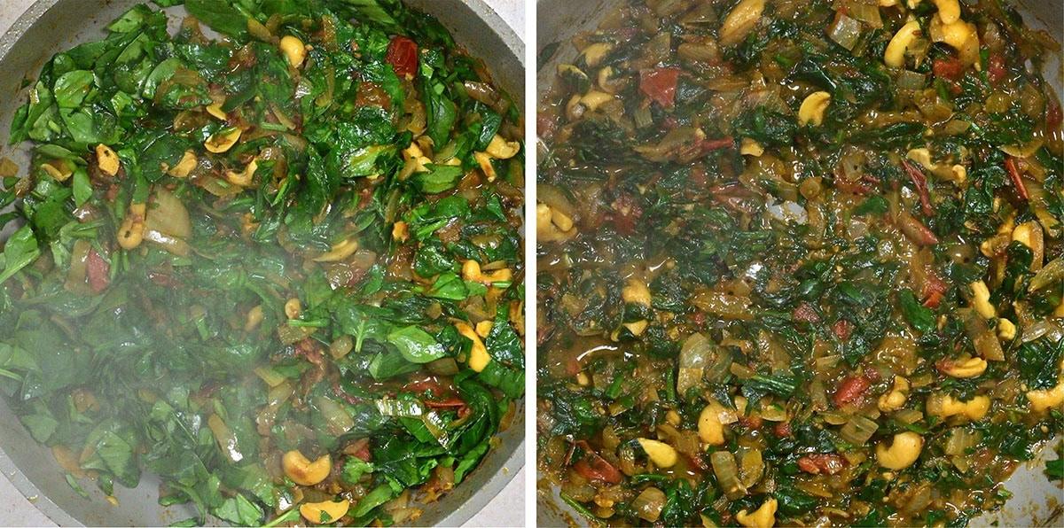 Two side-by-side images show a pan with spinach, cashew nuts, onions, and tomatoes being cooked. The left image shows the ingredients fresh, while the right shows them sautéed and mixed together.