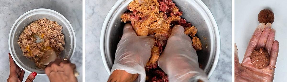 Three panels show hands mixing meatball ingredients in a bowl, kneading the mixture with gloves, and shaping it into small meatballs.