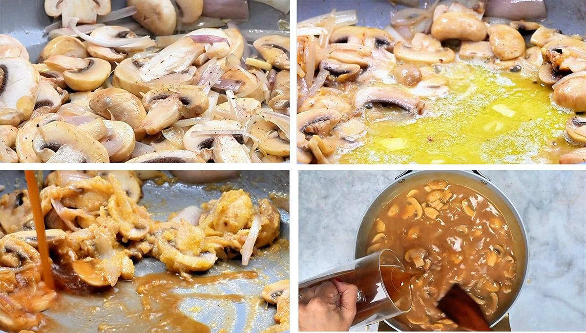 Four steps of making rich mushroom gravy: sautéing mushrooms and onions, adding butter, mixing with flour, and pouring in broth to create a thick sauce.