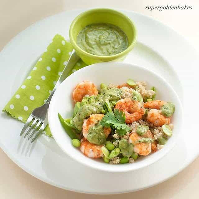 Salt and pepper prawns with creamy avocado dressing