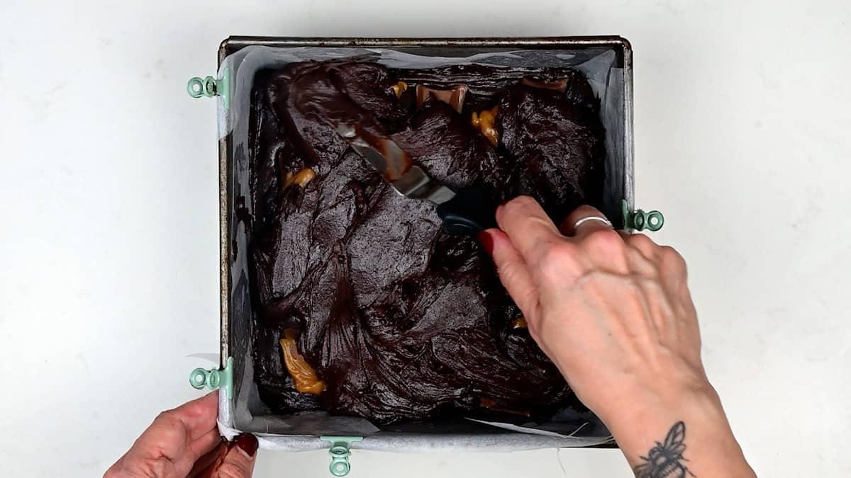 Salted caramel brownies in square pan