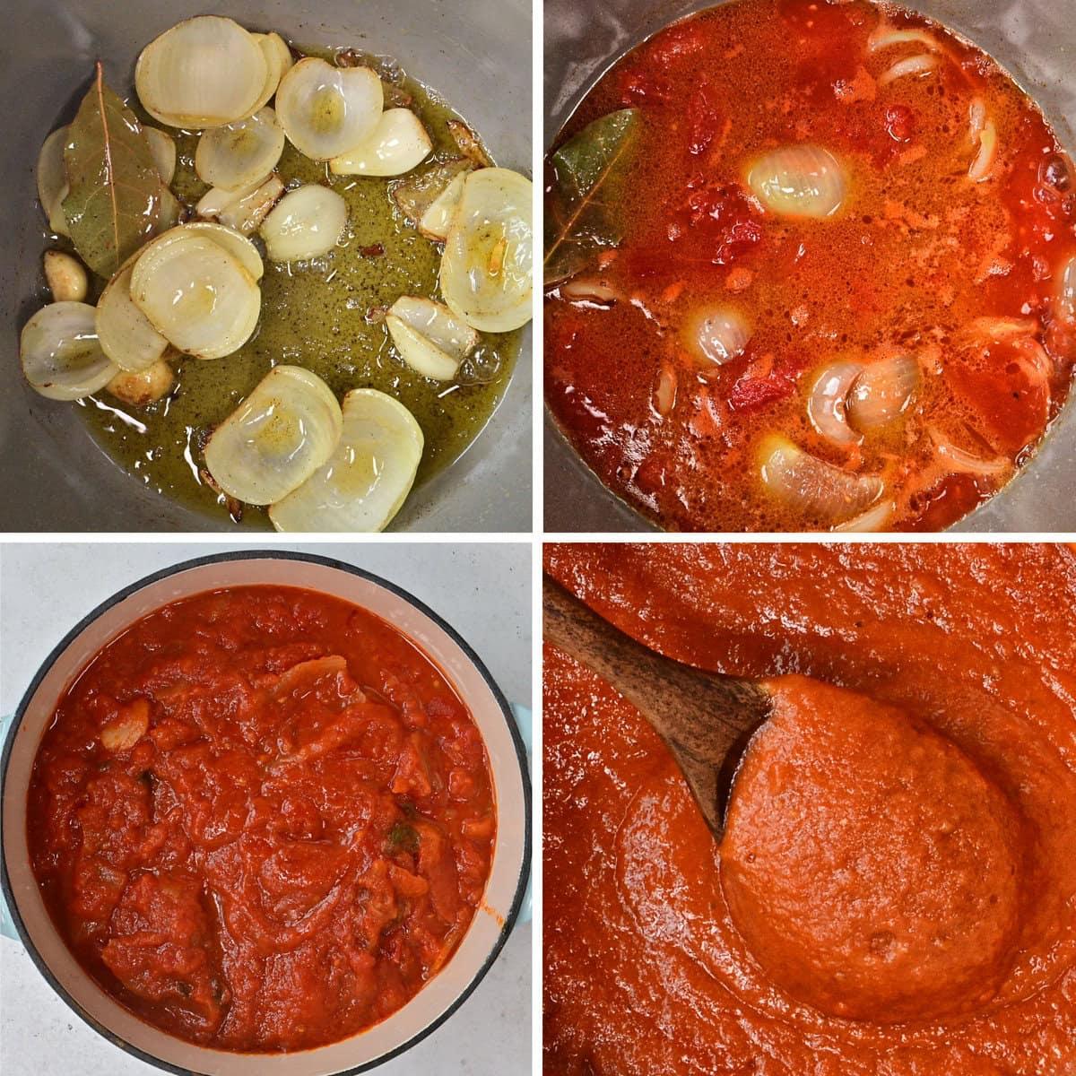A four-panel image shows the stages of making tomato sauce: sautéed onions and garlic with bay leaves, simmering tomatoes with spices, chunky cooked tomatoes, and smooth blended tomato sauce with a wooden spoon.