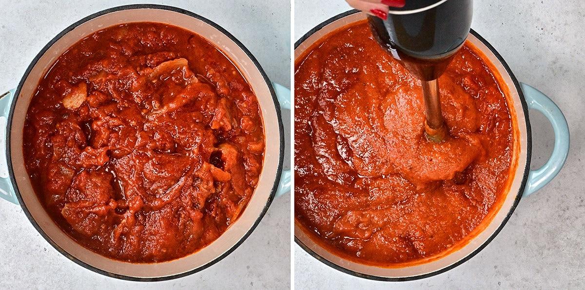 Two side-by-side images show a pot of red tomato sauce; the left side has chunky sauce, while the right side shows the sauce being blended into a smoother texture with an immersion blender.