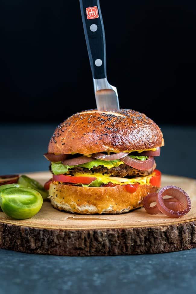Sausage and Beef Burgers on Homemade Pretzel Buns