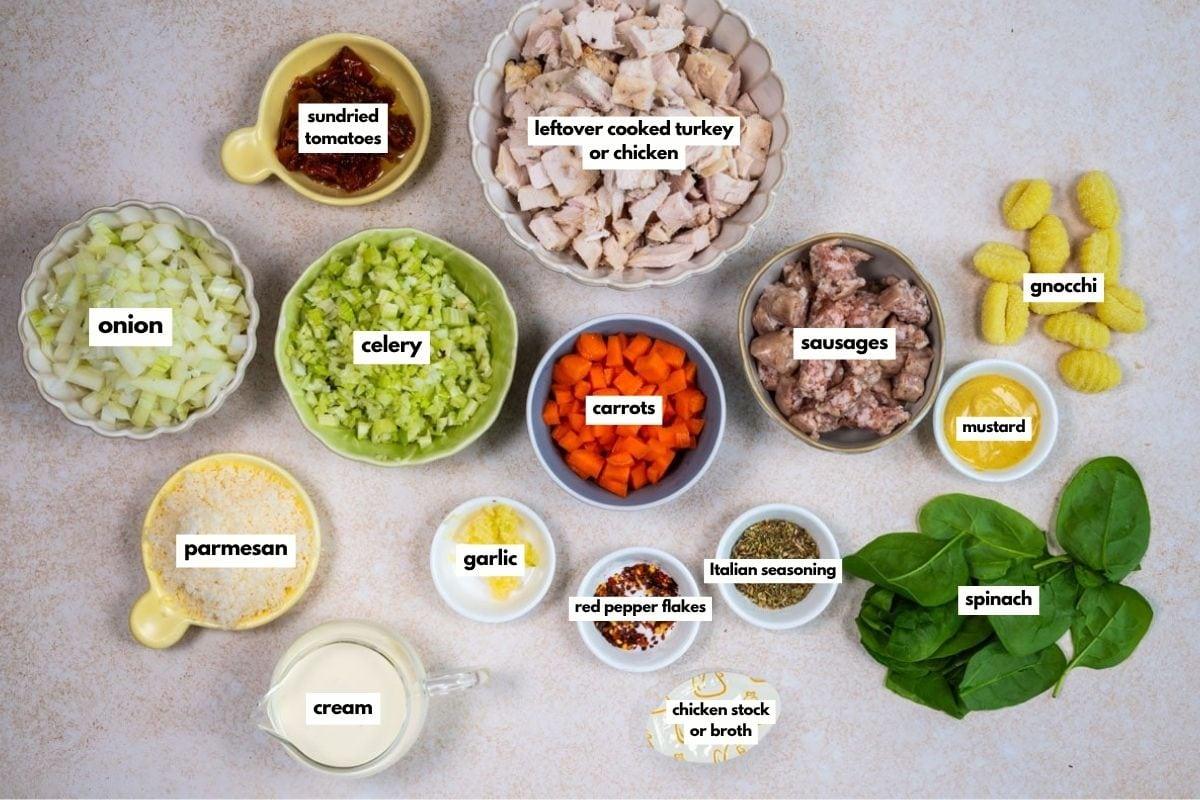 Top-down view of labeled ingredients in bowls for a recipe, including leftover cooked turkey or chicken, gnocchi, sausages, onion, celery, carrots, spinach, parmesan, garlic, cream, mustard, chicken stock, sundried tomatoes, and seasonings.