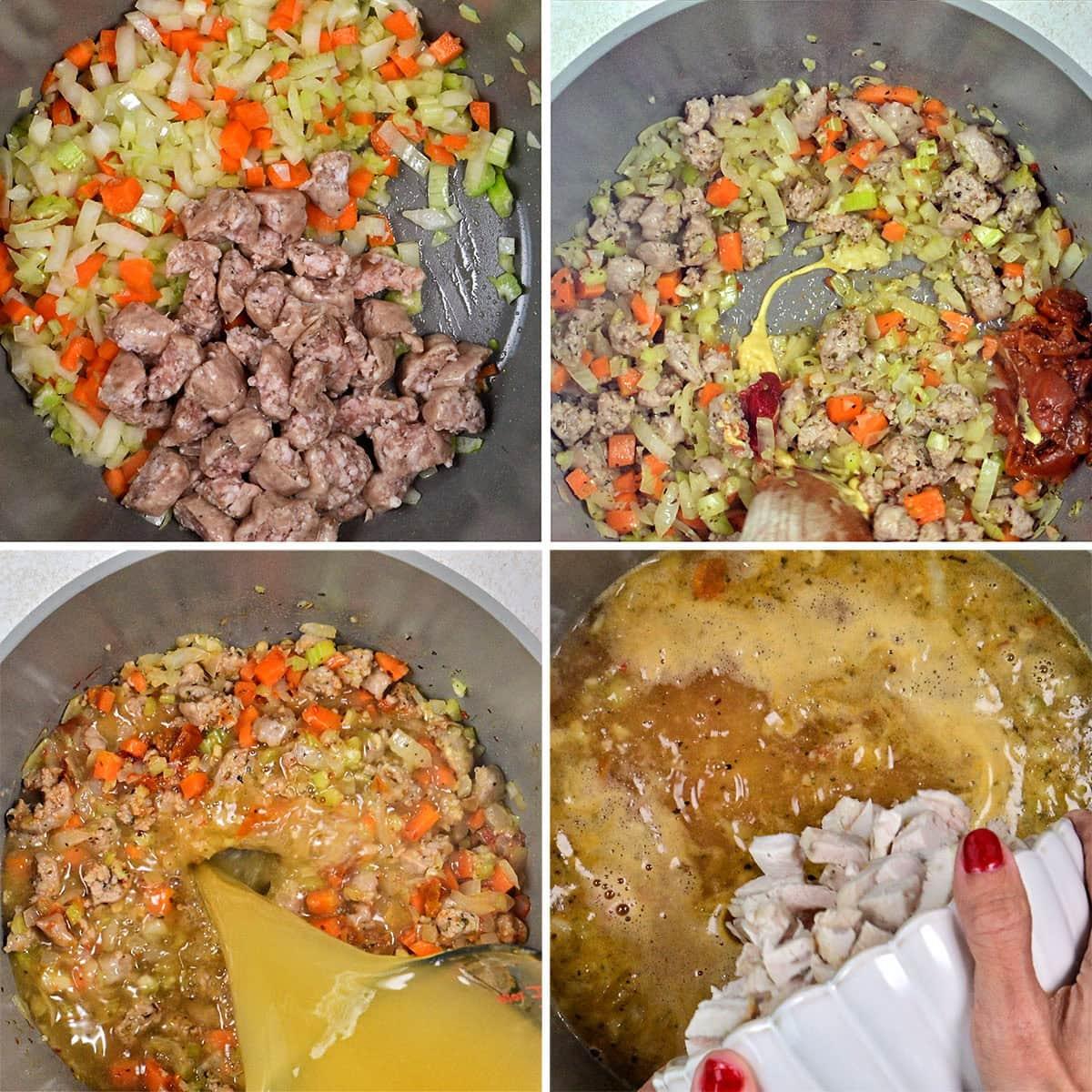 Four-panel image showing stew preparation: sautéed onions, carrots, celery, and meat; adding tomato paste; pouring in broth; and adding cooked chicken to the pot, all being stirred and combined in a large cooking pot.