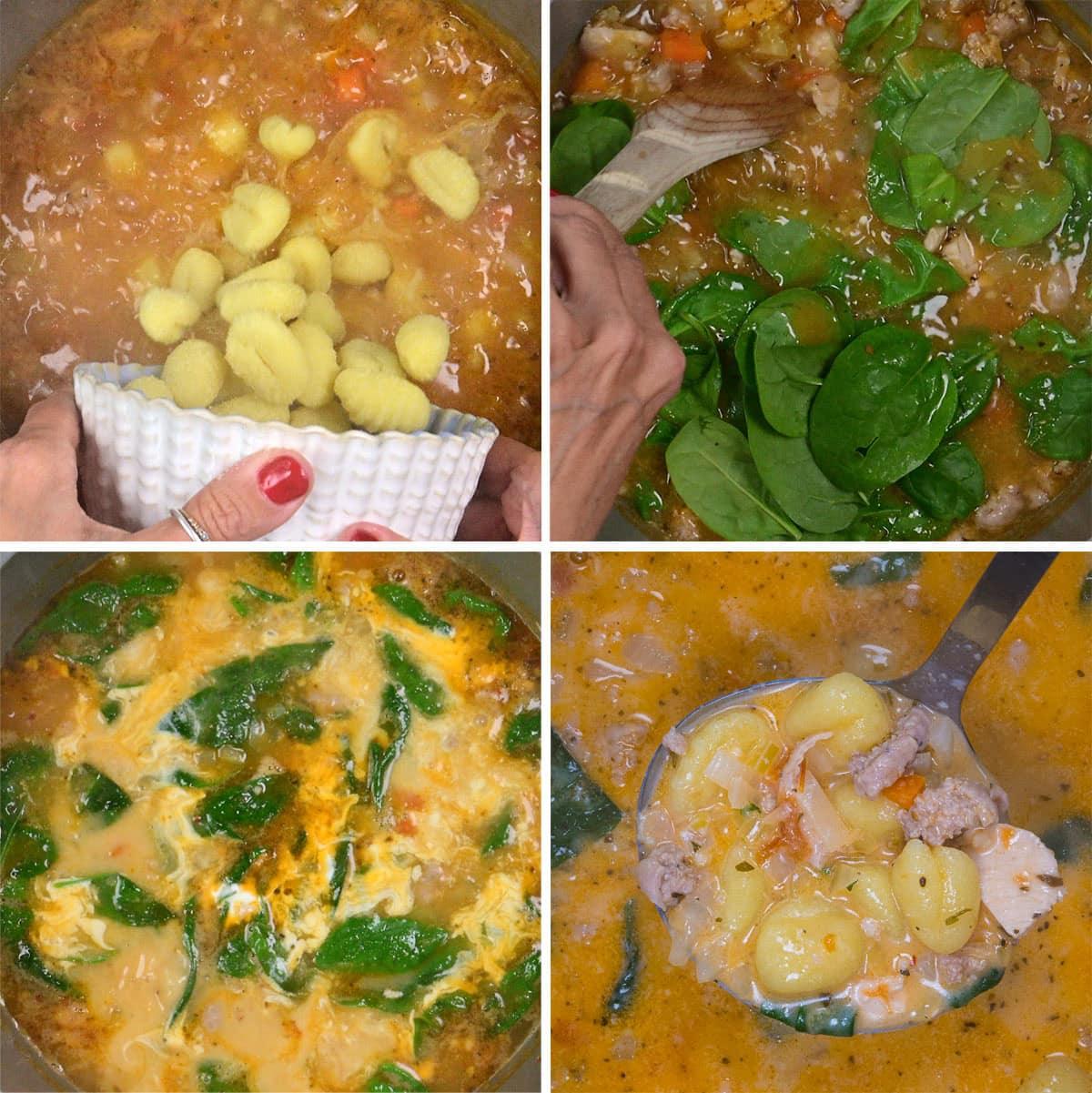 Four images show steps of making soup: adding gnocchi to a pot, stirring in spinach, simmering soup with visible spinach, and a ladle serving soup with gnocchi, spinach, and vegetables.