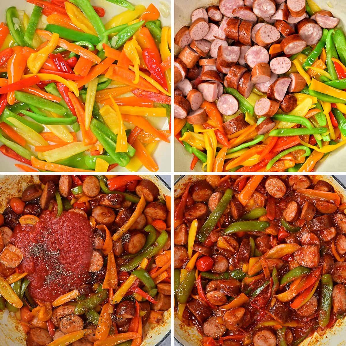 Four-photo collage showing the cooking process of a sausage and peppers recipe: sliced bell peppers, sliced sausage added, tomato sauce mixed in, and the final dish with sausage, peppers, and sauce simmering together.