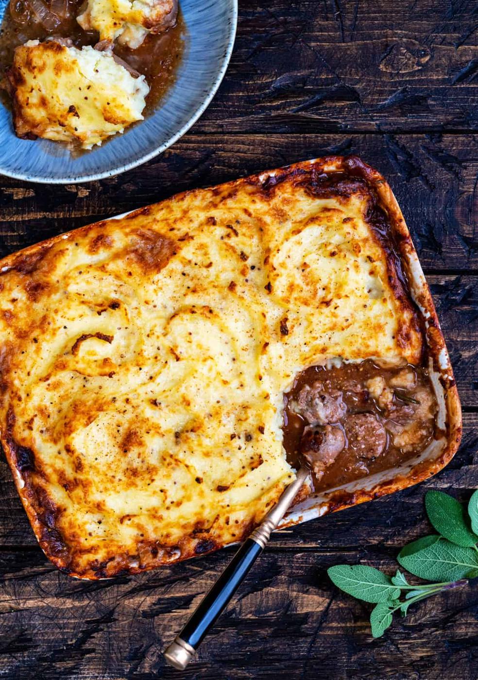sausage and mash pie with portion taken out