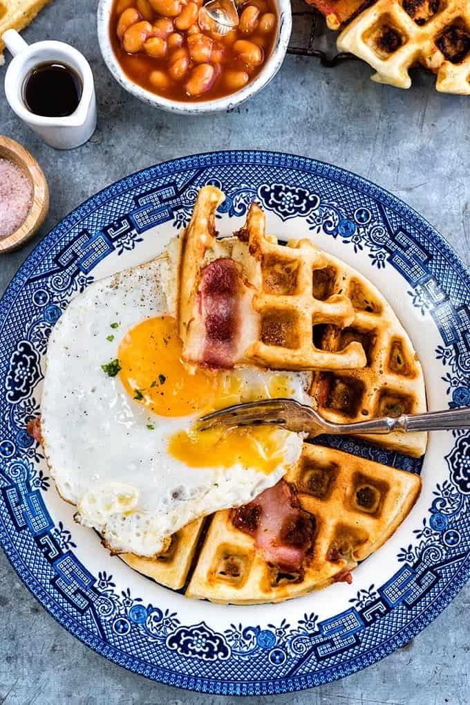 Savoury egg, cheddar and bacon breakfast waffles
