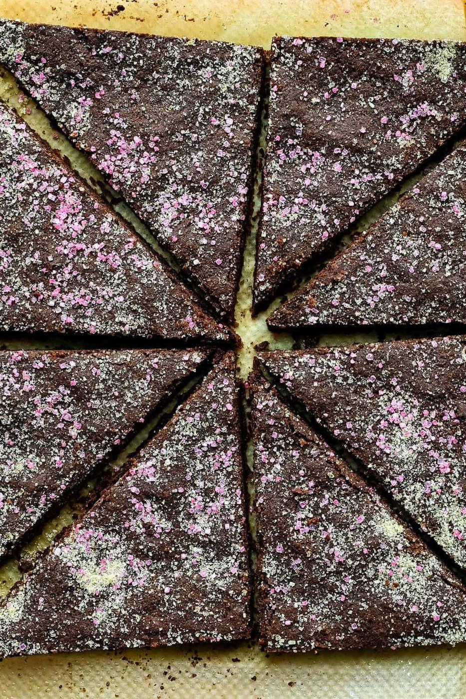 close on sliced chocolate crunch dusted with sugar
