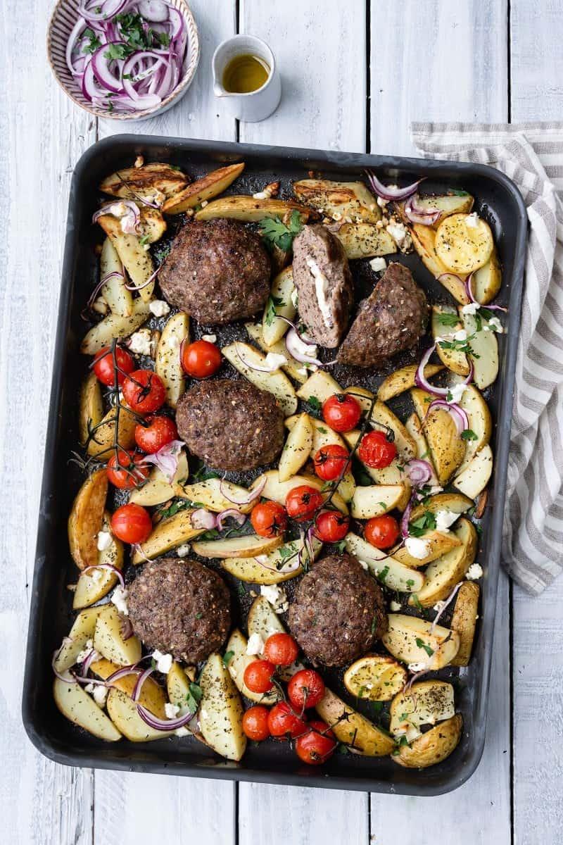 Sheet pan Greek bifteki with potatoes