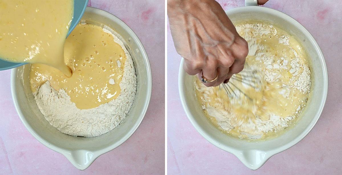 mixing pancake batter in a bowl
