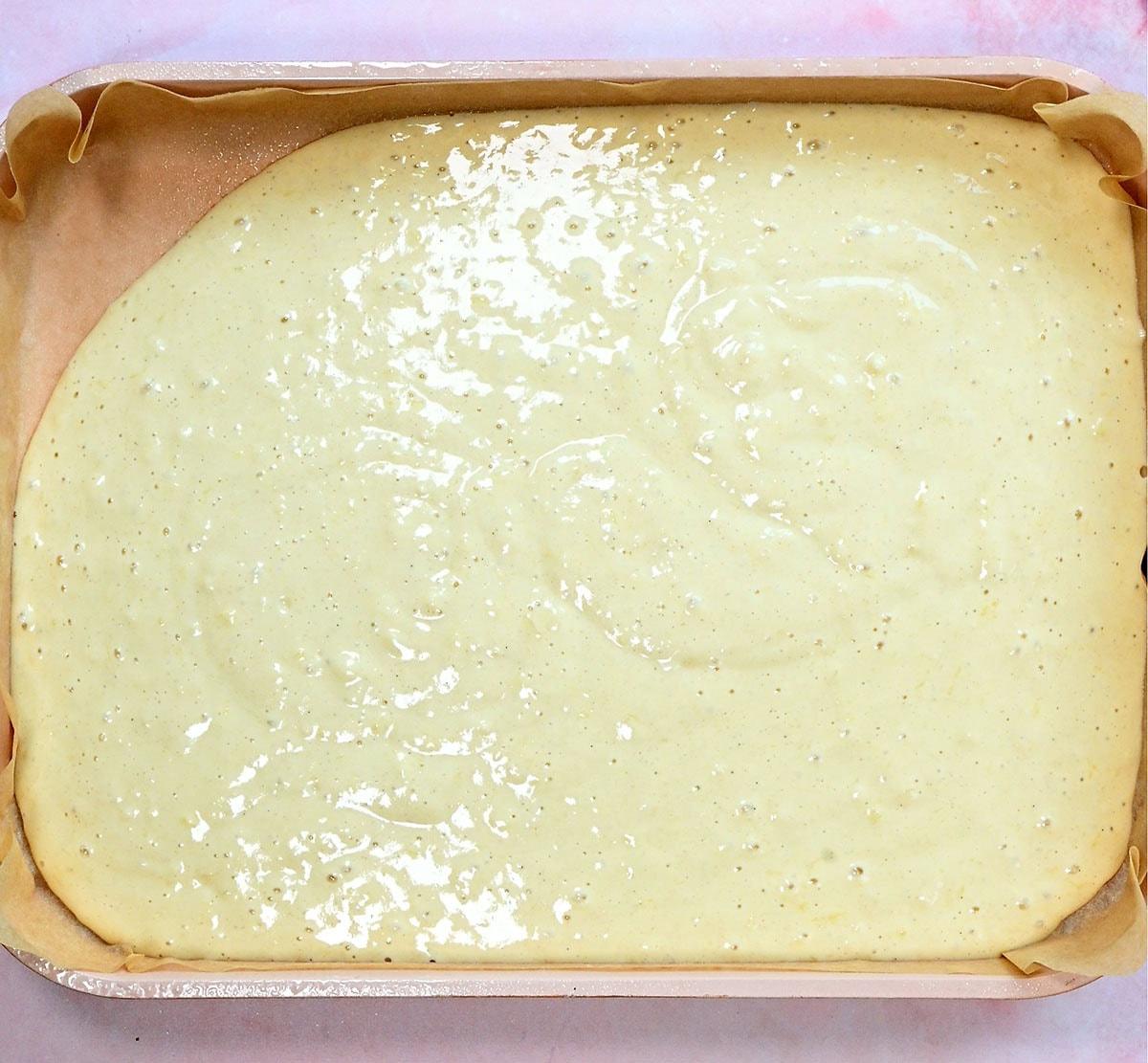 pancake batter in a quarter sheet pan