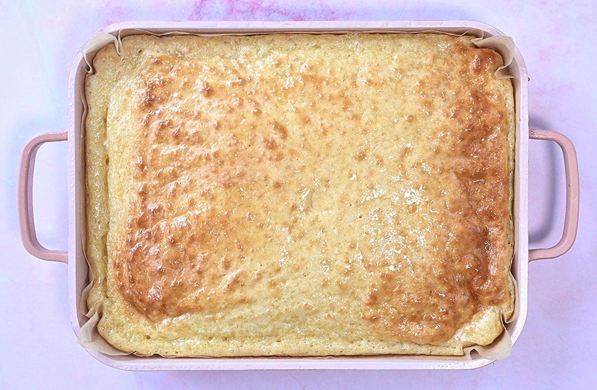 cooked sheet pan pancake in a griddle pan