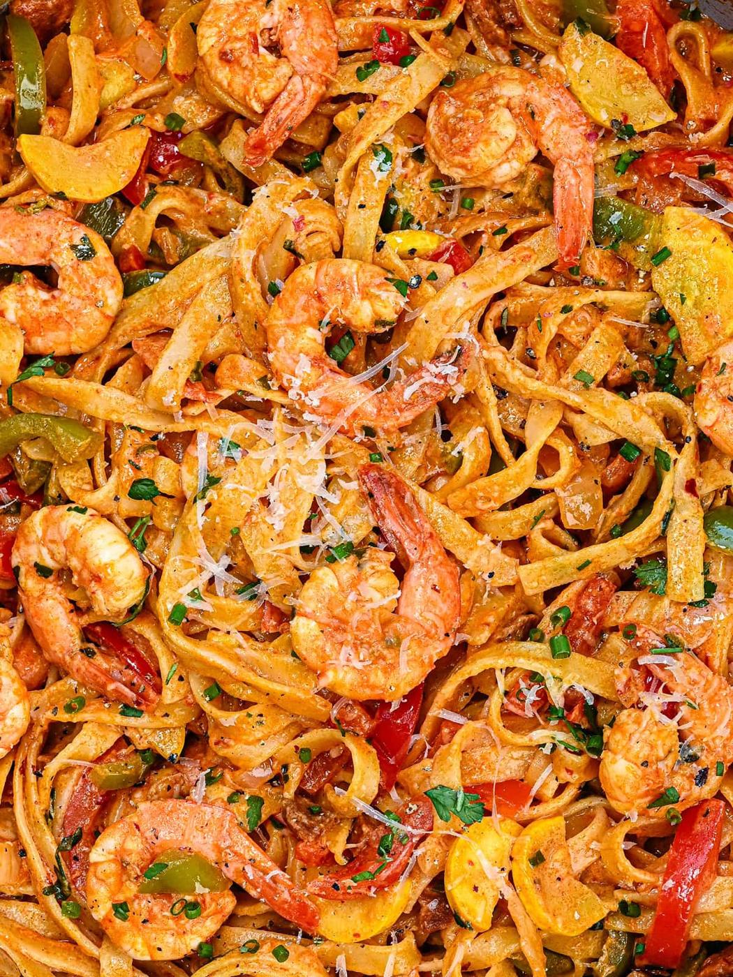 Shrimp Fettuccine with Chorizo and Zucchini