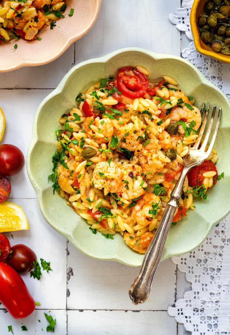 Bowl serving of orzo with shrimp