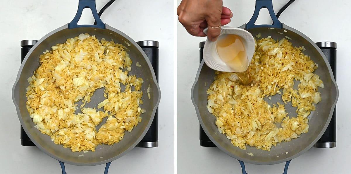 Cooking onion and garlic in a pan with orzo