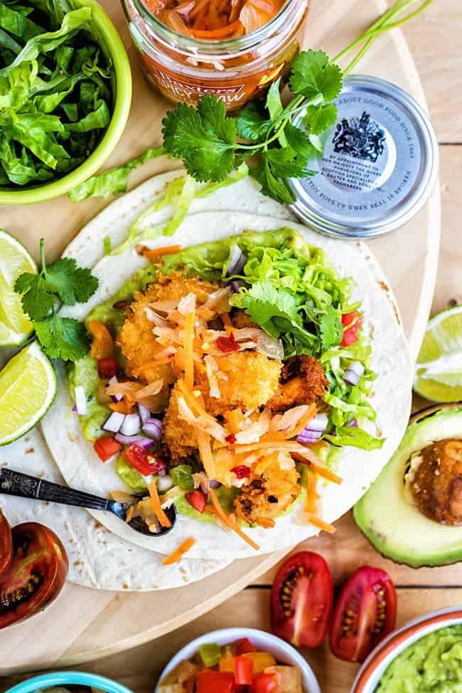 Prawn Tacos with Guacamole and Spicy Slaw